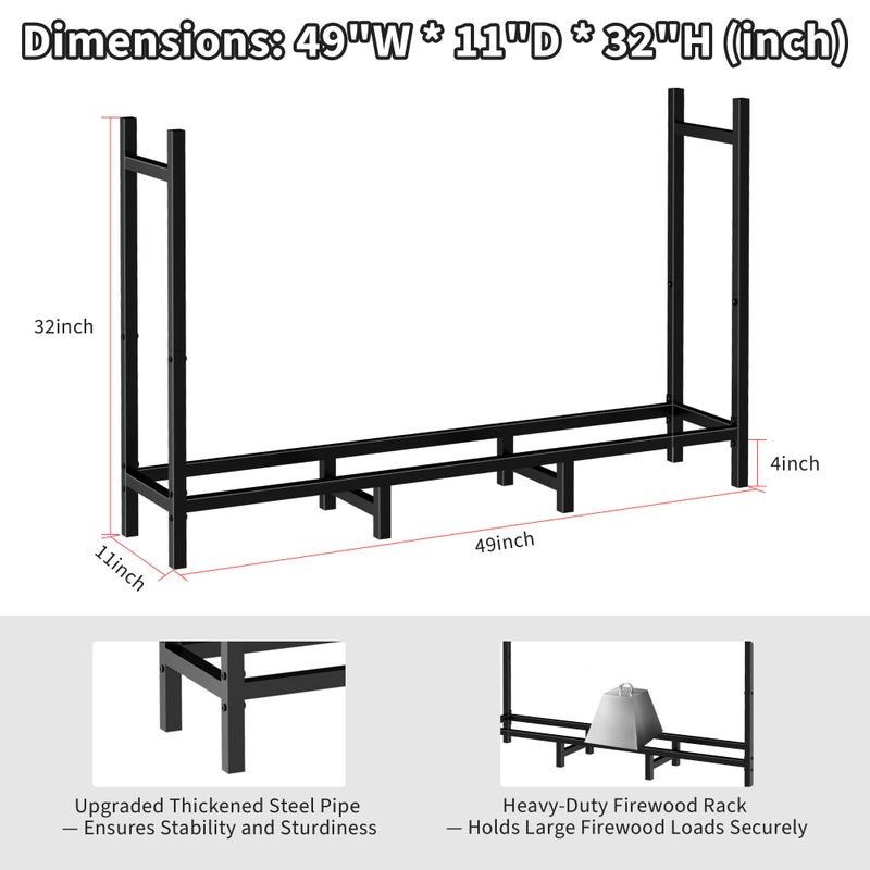 DIAMONDFORGE 4ft Firewood Rack Outdoor, Heavy Duty Fire Wood Stand, Metal Firewood Rack Indoor, Firewood Holder Storage, Log Wood Pile Racks Stand for Patio, Garden, Backyard, Matte Black - Image 4