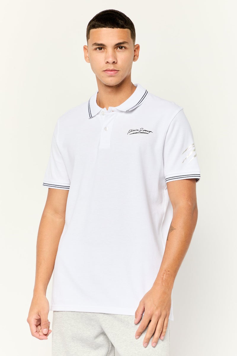 PHILIPP PLEIN Plein Sport Men Sportswear Fit Short Sleeve Outdoor Polo Shirts, White - Image 1