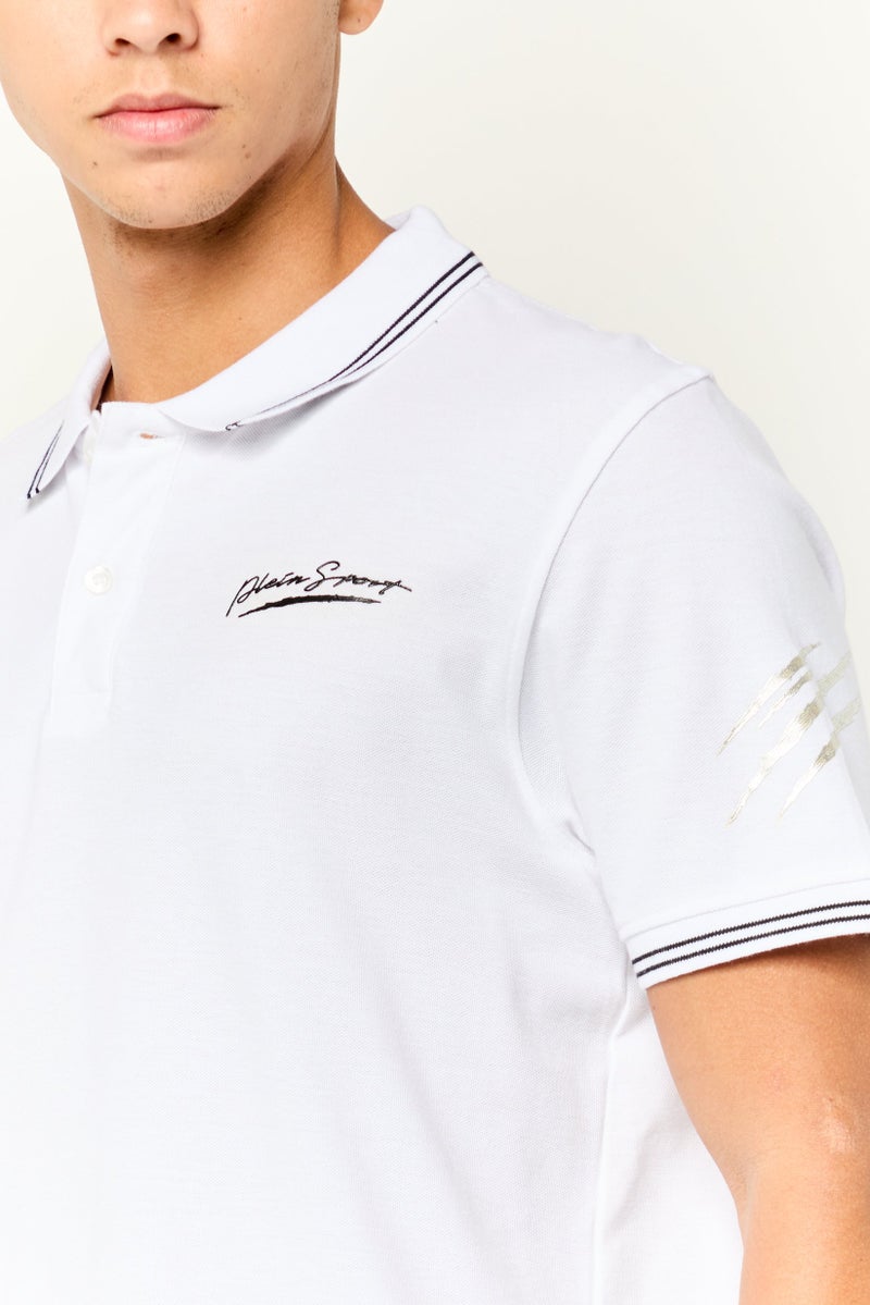 PHILIPP PLEIN Plein Sport Men Sportswear Fit Short Sleeve Outdoor Polo Shirts, White - Image 3