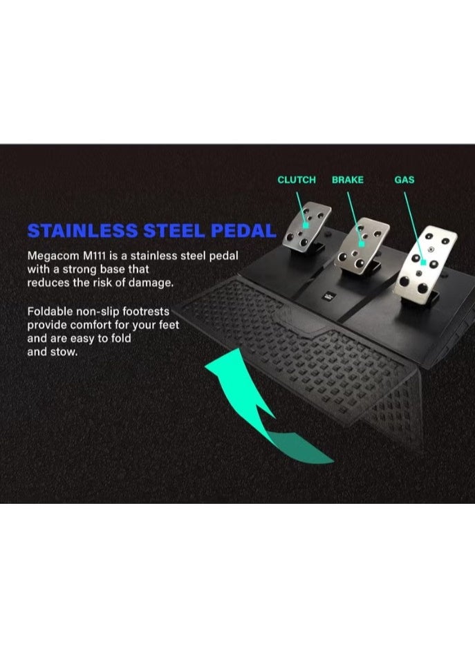 megacom ميجاكوم M111 عجلة قيادة سباق 270/900 درجة، 10 بوصة، بذراع تبديل، 3 دواسات، ناقل حركة 6 سرعات، متوافقة مع منصات متعددة للكمبيوتر، بلاي ستيشن 4، بلاي ستيشن 5، إكس360، إكس بوكس ون، وكونسول سويتش - Image 5