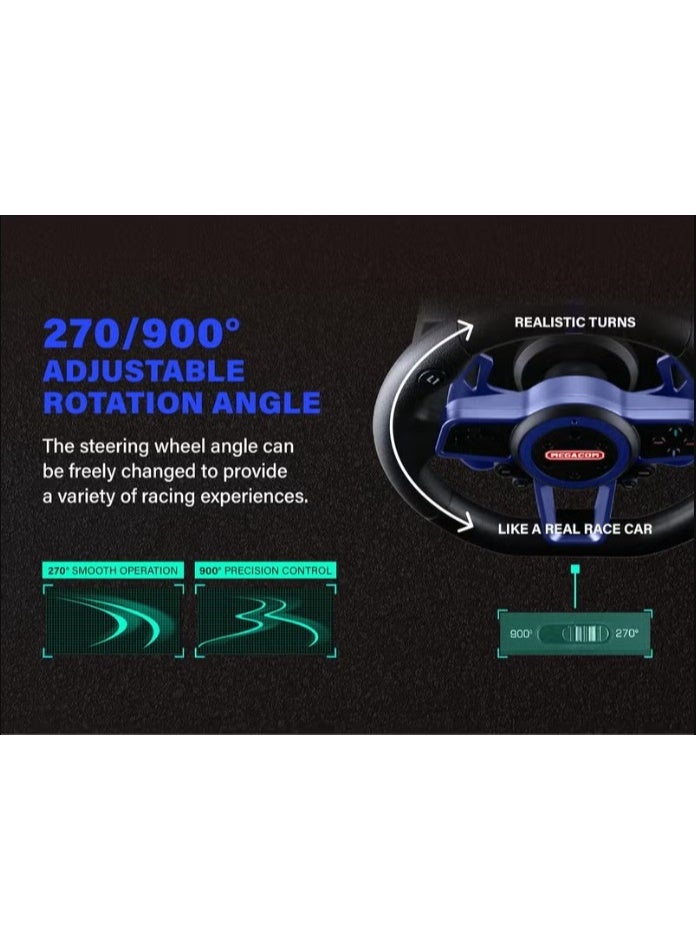 megacom ميجاكوم M111 عجلة قيادة سباق 270/900 درجة، 10 بوصة، بذراع تبديل، 3 دواسات، ناقل حركة 6 سرعات، متوافقة مع منصات متعددة للكمبيوتر، بلاي ستيشن 4، بلاي ستيشن 5، إكس360، إكس بوكس ون، وكونسول سويتش - Image 2