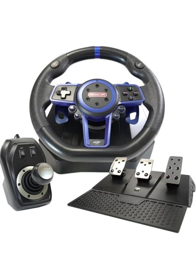 megacom ميجاكوم M111 عجلة قيادة سباق 270/900 درجة، 10 بوصة، بذراع تبديل، 3 دواسات، ناقل حركة 6 سرعات، متوافقة مع منصات متعددة للكمبيوتر، بلاي ستيشن 4، بلاي ستيشن 5، إكس360، إكس بوكس ون، وكونسول سويتش - Image 1