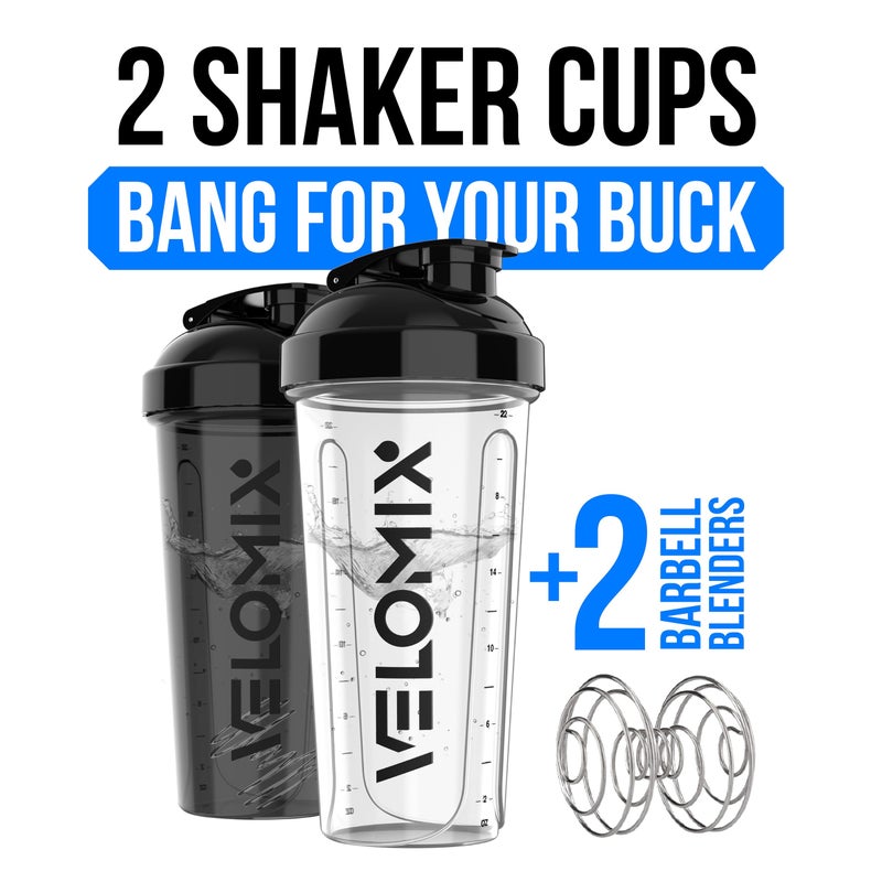 VELOMIX -2 Pack- 28 oz Protein Shaker Bottles for Protein Mixes - 2x Wire Whisk | Leak Proof Shaker Cups for Protein Shakes | Protein Shaker Bottle Pack (Black/Transparent) - Image 2