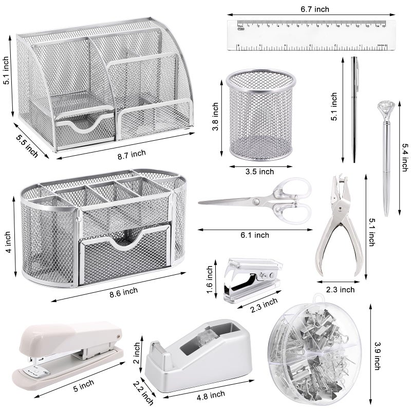Froidesente 17 In1 Silvery Desk Organizers And Accessories Set  3 Office Desk Supplies Storage Organization  4 Pens  Stapler  Staples & Remover  Tape & Dispenser  Scissors  Ruler  Clips  Hole Punch  Sticky Holder - Image 2