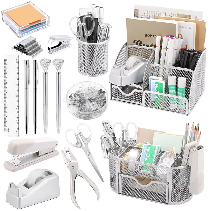 Froidesente 17 In1 Silvery Desk Organizers And Accessories Set  3 Office Desk Supplies Storage Organization  4 Pens  Stapler  Staples & Remover  Tape & Dispenser  Scissors  Ruler  Clips  Hole Punch  Sticky Holder - Image 1