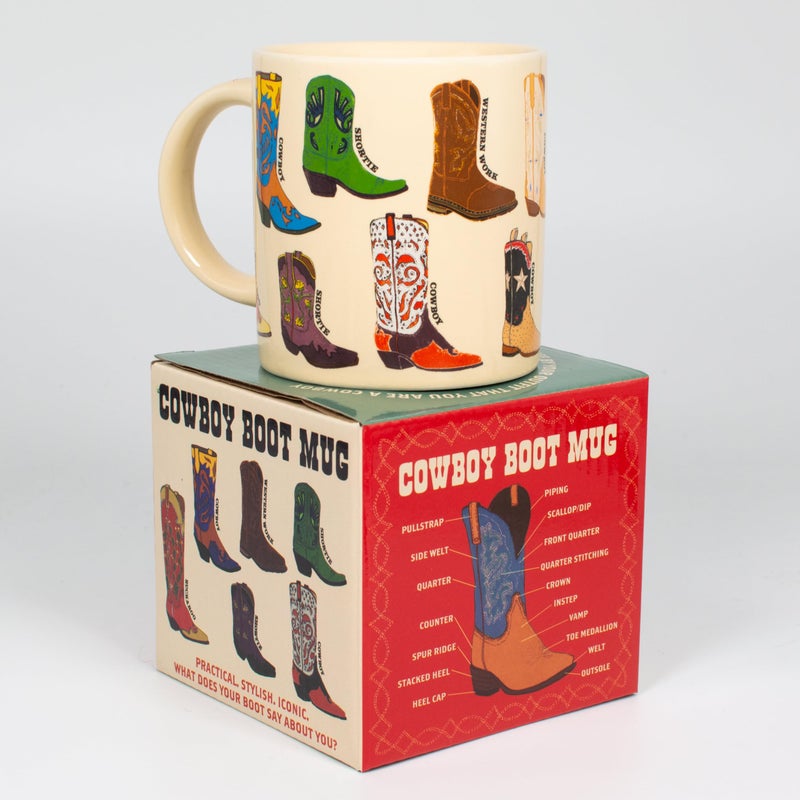 The Unemployed Philosophers Guild Cowboy Boots Mug Featuring 13 illustrations of Western Footware Comes in a Fun Gift Box 12 oz