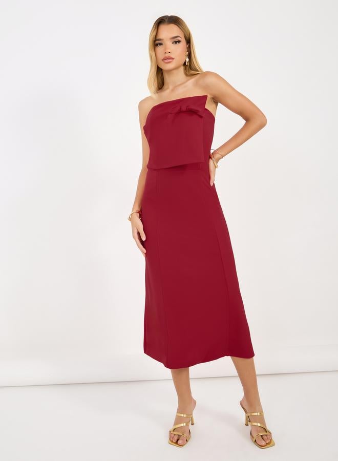 Styli Bardot Neck A-Line Midi Dress with Bow Detail - Image 1