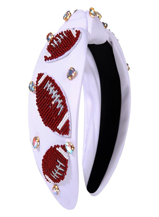 NVENF Football Headband for Women Football Mom Accessories Beaded Football Knotted Headband Jeweled Rhinestone Crystal Embellished Top Knot Hairband White Sport Hairband Game Day Hair Accessory (White) - Image 1