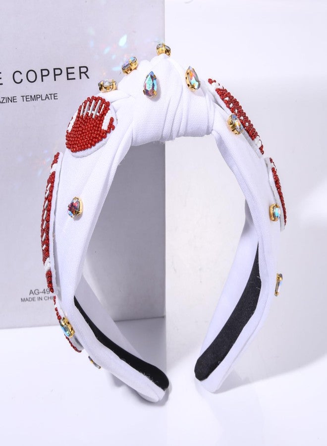 NVENF Football Headband for Women Football Mom Accessories Beaded Football Knotted Headband Jeweled Rhinestone Crystal Embellished Top Knot Hairband White Sport Hairband Game Day Hair Accessory (White) - Image 5