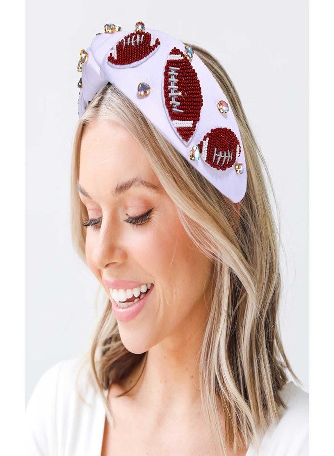 NVENF Football Headband for Women Football Mom Accessories Beaded Football Knotted Headband Jeweled Rhinestone Crystal Embellished Top Knot Hairband White Sport Hairband Game Day Hair Accessory (White) - Image 2