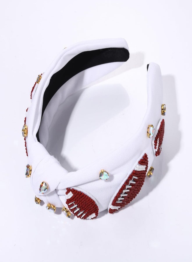 NVENF Football Headband for Women Football Mom Accessories Beaded Football Knotted Headband Jeweled Rhinestone Crystal Embellished Top Knot Hairband White Sport Hairband Game Day Hair Accessory (White) - Image 4