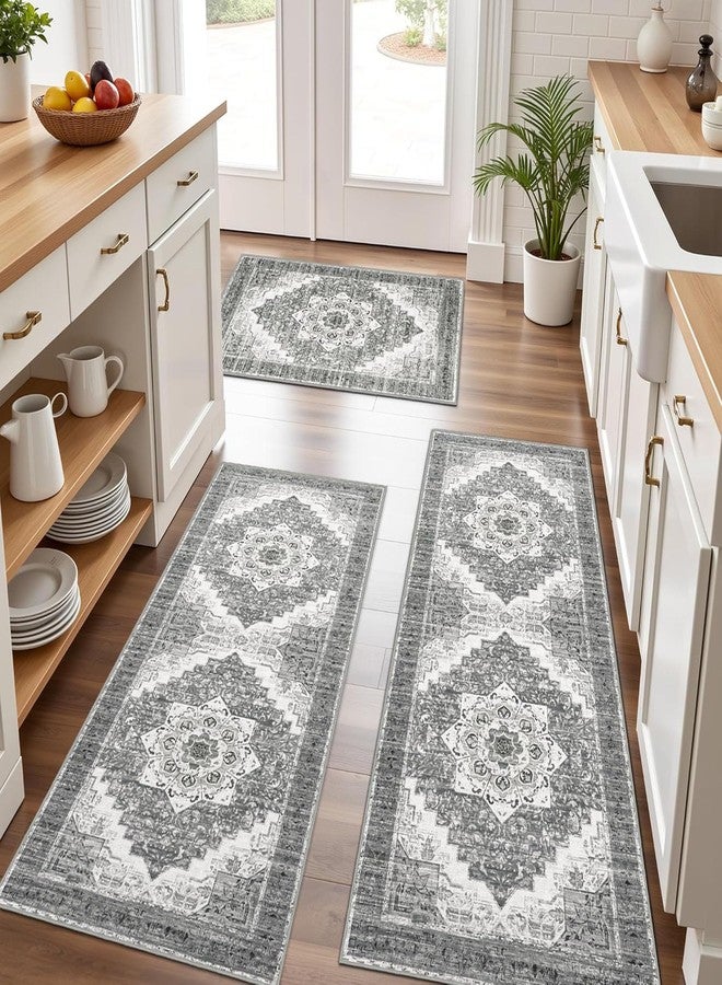 Tritard 100% Non Slip Kitchen Rugs Sets of 3 Washable Boho Kitchen Mats for Floor Vintage Farmhouse Kitchen Rug Soft Runner Rug for Hallway, Laundry Room, Indoor Entryway, Grey2 - Image 1