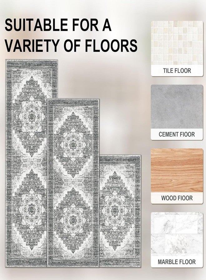 Tritard 100% Non Slip Kitchen Rugs Sets of 3 Washable Boho Kitchen Mats for Floor Vintage Farmhouse Kitchen Rug Soft Runner Rug for Hallway, Laundry Room, Indoor Entryway, Grey2 - Image 3