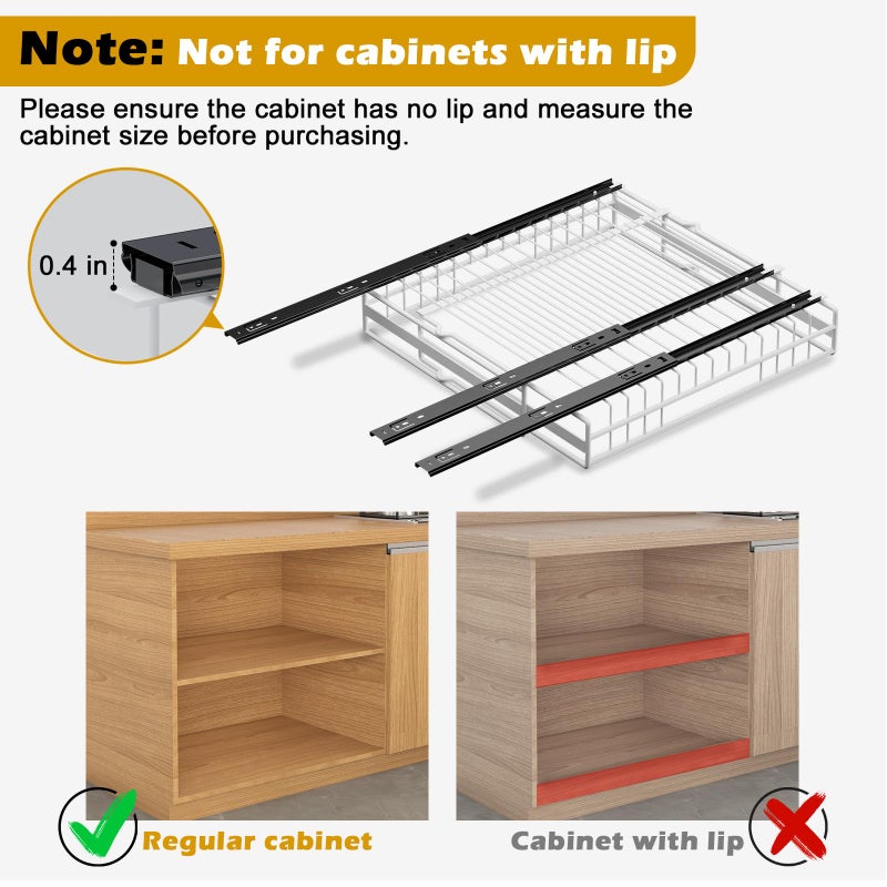 REALINN 2 Pack Pull Out Cabinet Organizer, Expandable(12"-20") Slide Out Drawers 3 Slide Rails Fix with Adhesive or Screw, Roll Out Shelves for Kitchen Cabinet Organization, White - Image 5