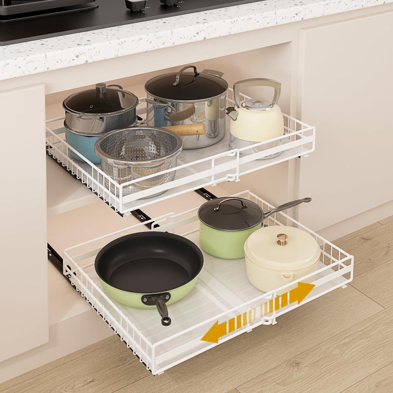 REALINN 2 Pack Pull Out Cabinet Organizer, Expandable(12"-20") Slide Out Drawers 3 Slide Rails Fix with Adhesive or Screw, Roll Out Shelves for Kitchen Cabinet Organization, White - Image 1