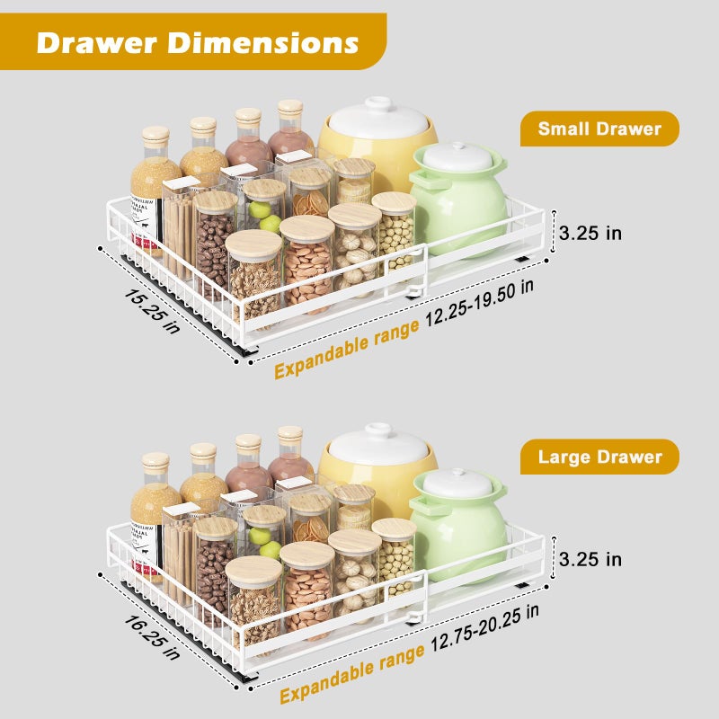 REALINN 2 Pack Pull Out Cabinet Organizer, Expandable(12"-20") Slide Out Drawers 3 Slide Rails Fix with Adhesive or Screw, Roll Out Shelves for Kitchen Cabinet Organization, White - Image 2
