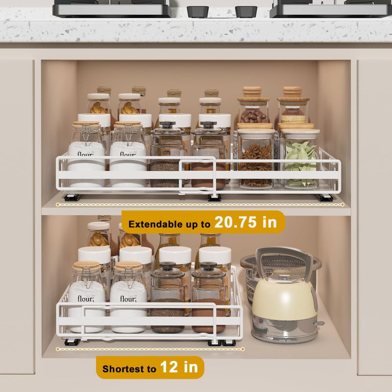 REALINN 2 Pack Pull Out Cabinet Organizer, Expandable(12"-20") Slide Out Drawers 3 Slide Rails Fix with Adhesive or Screw, Roll Out Shelves for Kitchen Cabinet Organization, White - Image 3