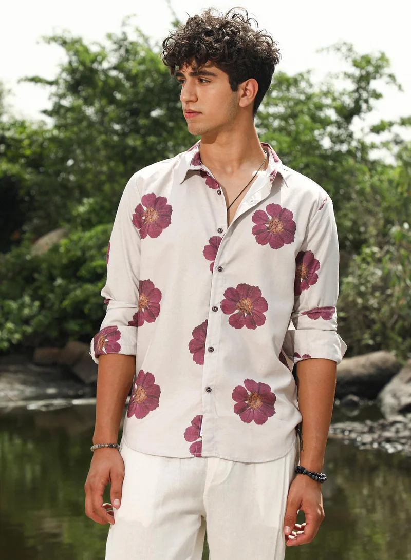 Campus Sutra Men's Off-White & Rouge Red Blooming Flora Imprint Shirt | Spread Collar , Long Sleeve Cuffed Sleeves , Button Closure | Floral Print  | Cotton-Blend Shirt For Casual Wear