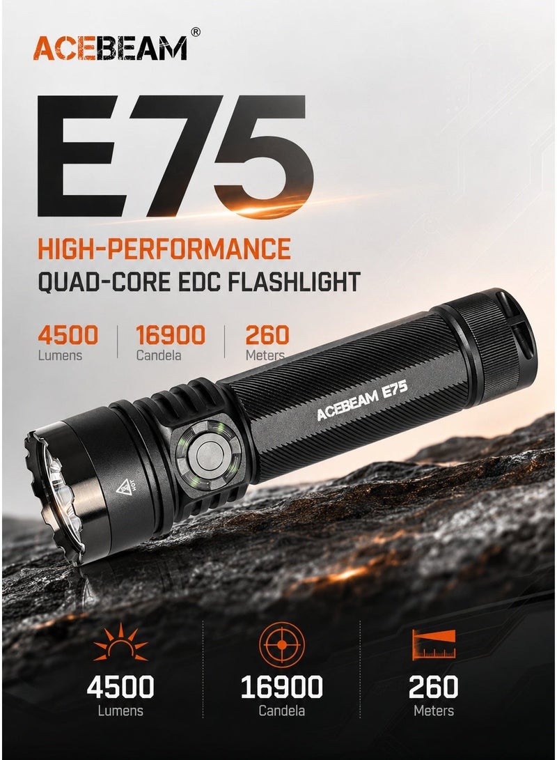 ACEBEAM مصباح Acebeam E75 للاستخدام اليومي، مصباح LED رباعي النواة، 4500 لومن، قابل لإعادة الشحن عبر USB-C، مدة تشغيل 26 يومًا للتخييم والصيد والطوارئ - Image 1