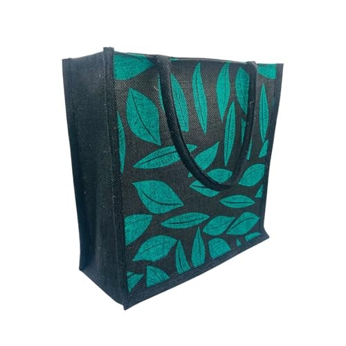 JUTEKA Printed Lunch, Office, Grocery, Picnic, Tote, Tiffin, Shopping, Jute Bag with Padded Cotton Handles (Black and Green) - Image 5