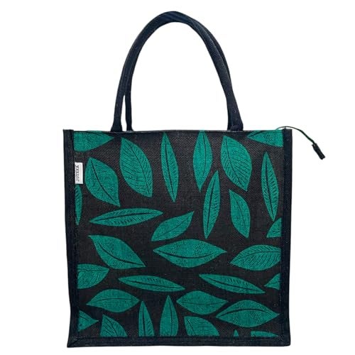 JUTEKA Printed Lunch, Office, Grocery, Picnic, Tote, Tiffin, Shopping, Jute Bag with Padded Cotton Handles (Black and Green) - Image 2