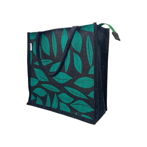 JUTEKA Printed Lunch, Office, Grocery, Picnic, Tote, Tiffin, Shopping, Jute Bag with Padded Cotton Handles (Black and Green) - Image 3