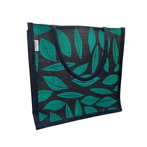 JUTEKA Printed Lunch, Office, Grocery, Picnic, Tote, Tiffin, Shopping, Jute Bag with Padded Cotton Handles (Black and Green) - Image 1