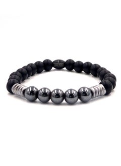 Handmade Beaded Bracelet with Black Onyx, Silver Hematite Ball and Matte Wave, Durable Elastic
