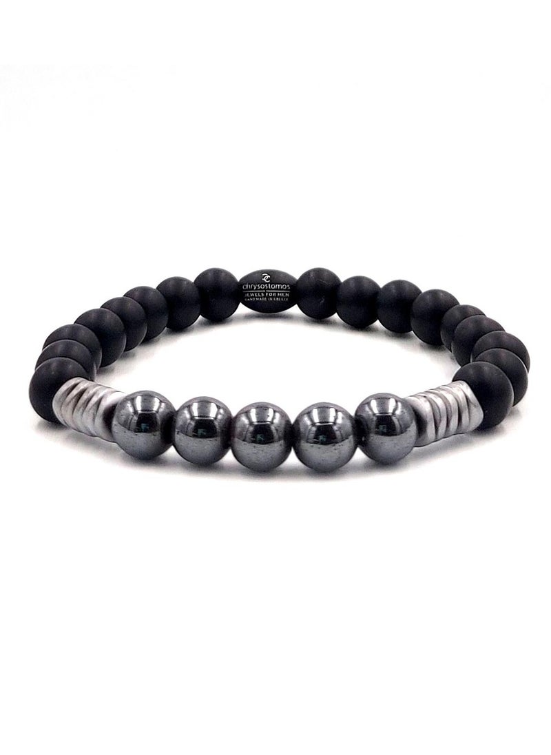 CHRYSOSTOMOS - Handmade Beaded Bracelet with Black Onyx, Silver Hematite Ball and Matte Wave, Durable Elastic - Image 1