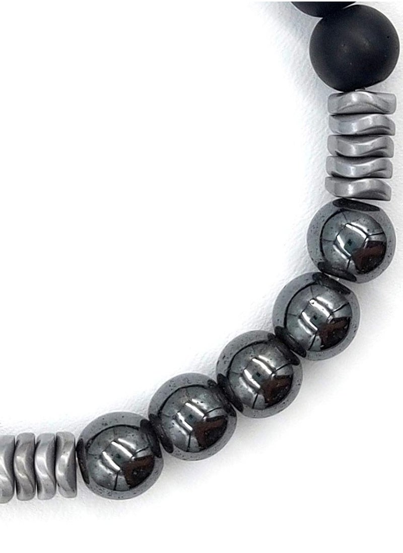 CHRYSOSTOMOS - Handmade Beaded Bracelet with Black Onyx, Silver Hematite Ball and Matte Wave, Durable Elastic - Image 1