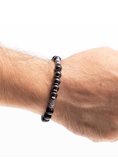 CHRYSOSTOMOS Handmade Beaded Bracelet with Black Onyx, Silver Hematite Ball and Matte Wave, Durable Elastic  - Image 3