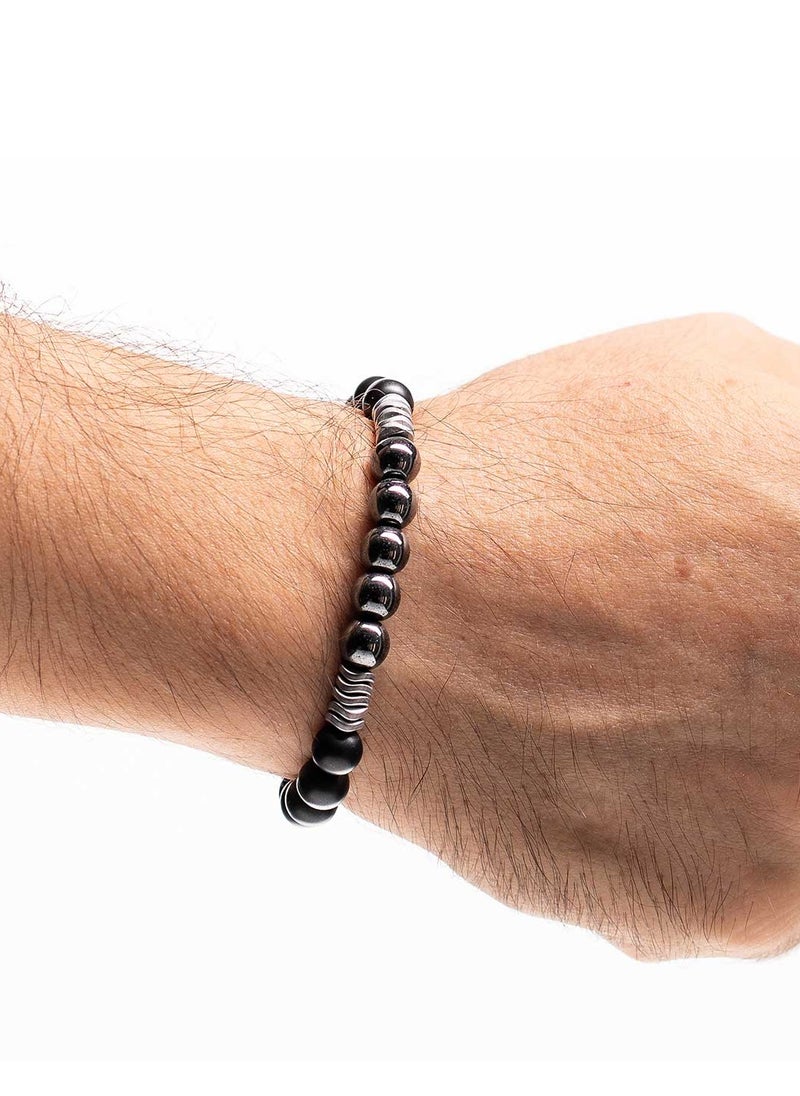 CHRYSOSTOMOS - Handmade Beaded Bracelet with Black Onyx, Silver Hematite Ball and Matte Wave, Durable Elastic - Image 1