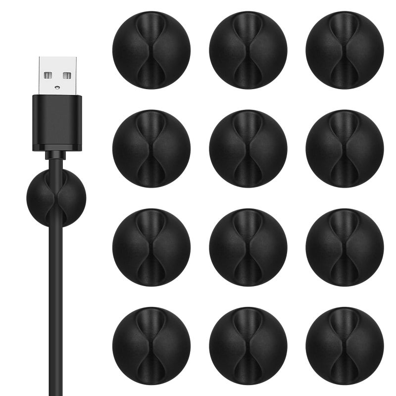 Flezoo Cord Holder Cable Clips 12PCS Black Adhesive Cord Organizer Charger Holder Wire Management Keeper for Nightstand Desk Office or Mouse