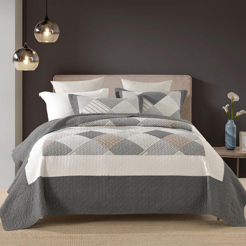DUOHONG Quilts King Size - King Quilt Bedspread Sets, 100% Cotton Gray Quilt Bedding Set for King Bed, 3 Pcs Farmhouse Reversible Rustic Lightweight Comforter, Dark-Gray/White/Brown - Image 1