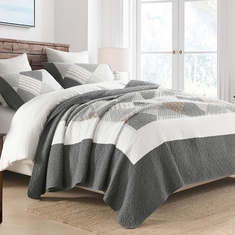 DUOHONG Quilts King Size - King Quilt Bedspread Sets, 100% Cotton Gray Quilt Bedding Set for King Bed, 3 Pcs Farmhouse Reversible Rustic Lightweight Comforter, Dark-Gray/White/Brown - Image 3