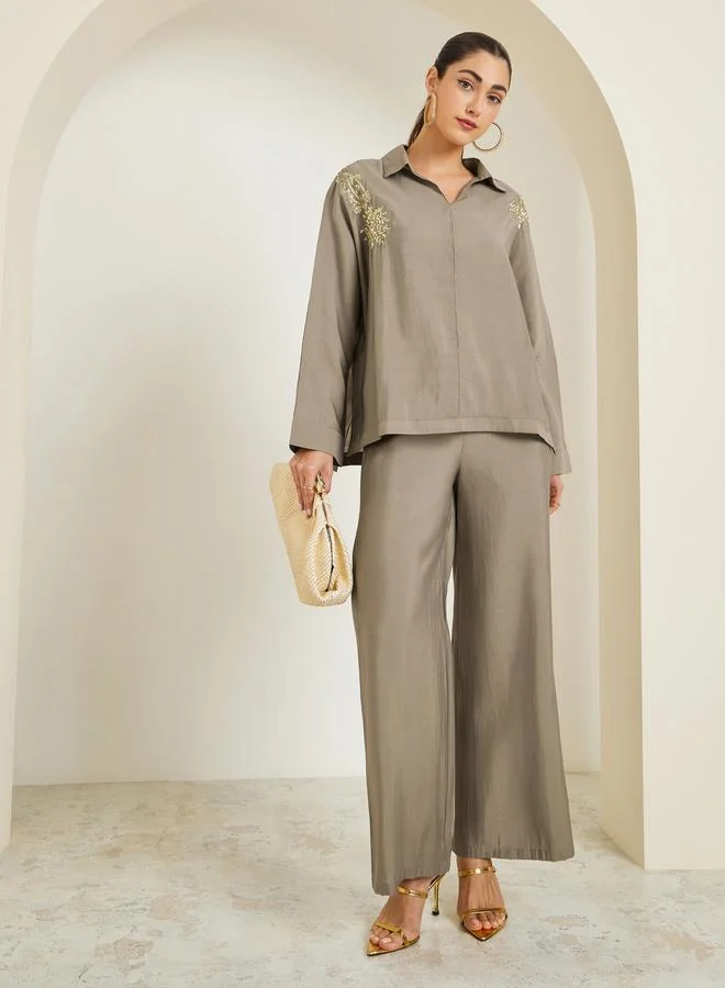 Brown Sequin Detail Top and Pants Co-Ords