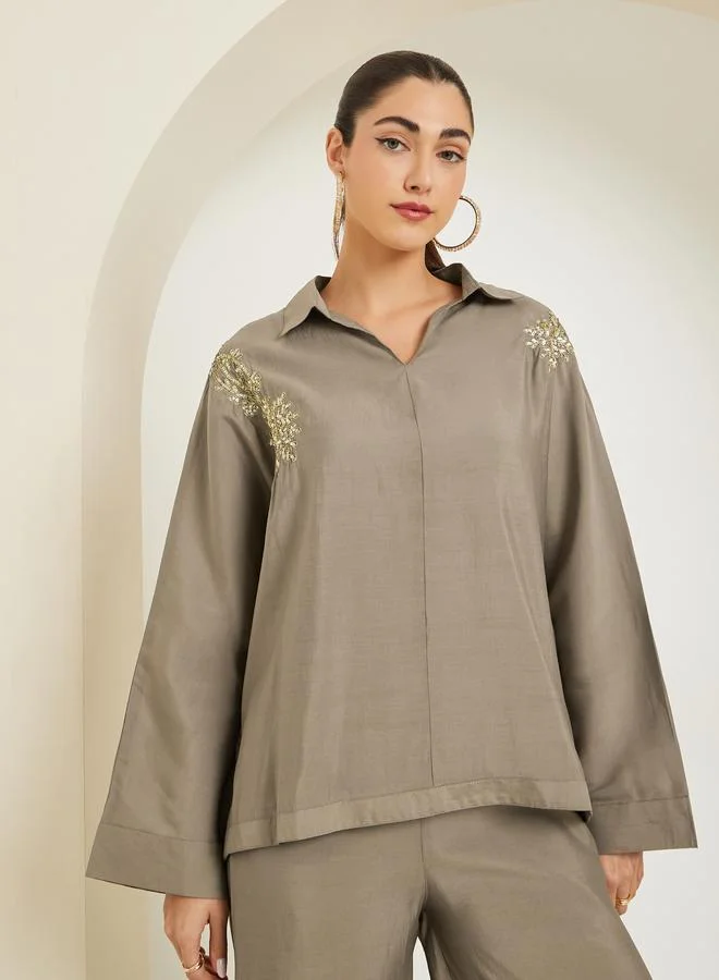 Styli Brown Sequin Detail Top and Pants Co-Ords