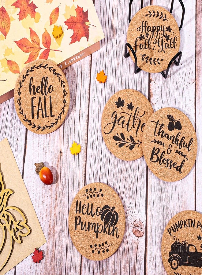 Whaline 6Pcs Fall Drink Coasters with Cork Base Hello Fall Thankful Blessed Wood Absorbing Coasters Thanksgiving Round Cup Mat for Autumn Kitchen Table Bar Party Gift Tabletop Protection Home Decor - Image 4
