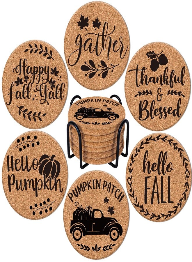 Whaline 6Pcs Fall Drink Coasters with Cork Base Hello Fall Thankful Blessed Wood Absorbing Coasters Thanksgiving Round Cup Mat for Autumn Kitchen Table Bar Party Gift Tabletop Protection Home Decor - Image 1