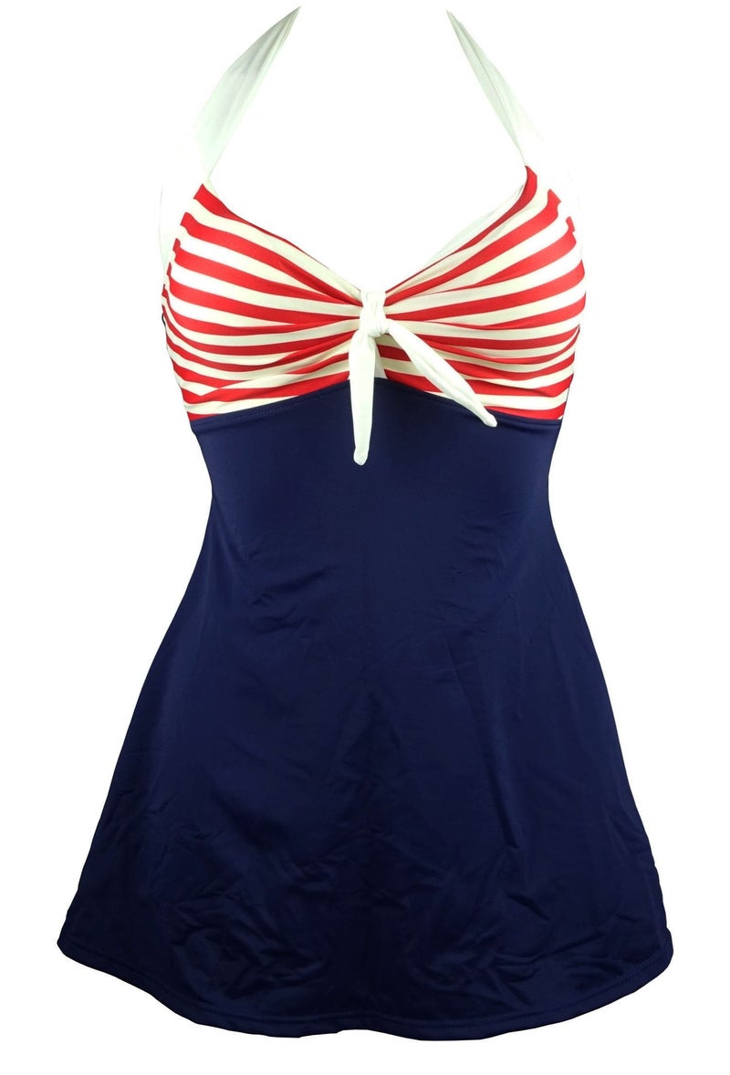 COCOSHIP Navy Blue Red White Striped Vintage Sailor Pin Up Swimsuit One Piece Skirtini Cover Up Swimdress XLUS12