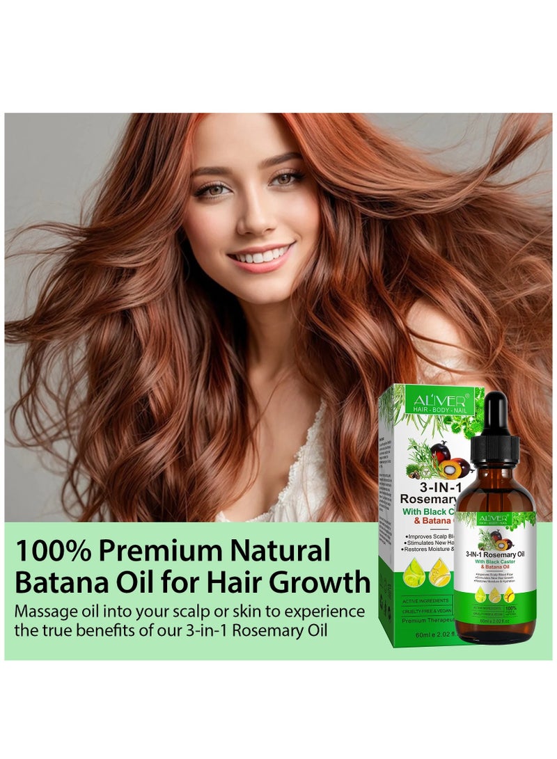 ALIVER 3 في 1 زيت إكليل الجبل مع زيت الخروع الأسود وزيت باتانا للعناية بالشعر، زيت بلسم للشعر الرقيق، إصلاح الشعر التالف، يغذي الشعر الرقيق، فروة الرأس، البشرة وفقدان نمو الشعر، مناسب لجميع أنواع الشعر. - Image 4