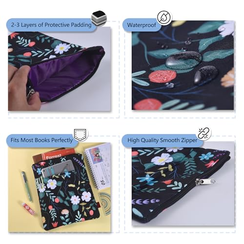 LParkin Book Sleeve Black Floral Book Protector, Waterproof Book Sleeve Protector with Zipper for Paperbacks & Hardcovers - 11"x8.7" Fabric Book Cover Pouch, Gift for Book Lovers - Image 3