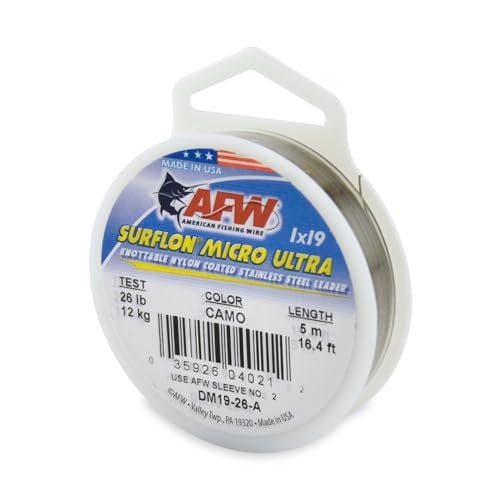 AFW American Fishing Wire Surflon Micro Ultra, Nylon Coated 1x19 Stainless Steel Leader Wire, 26 lb Test, .018" Diameter, Camo, 5 m - Image 1