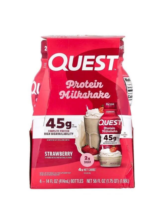 Quest Nutrition، ميلك شيك بروتين، بنكهة الفراولة، 4 زجاجات، 14 أونصة سائلة (414 مل) لكل زجاجة