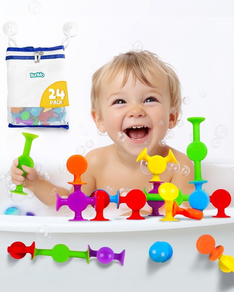 BUNMO Suction Bath Toys Connect Build Create Bath Toy Hours of Fun Creativity Fine Motor Skills Captivating Stimulating Sensory Toy NonMouthable Toy 3 Smooth 24 Pack