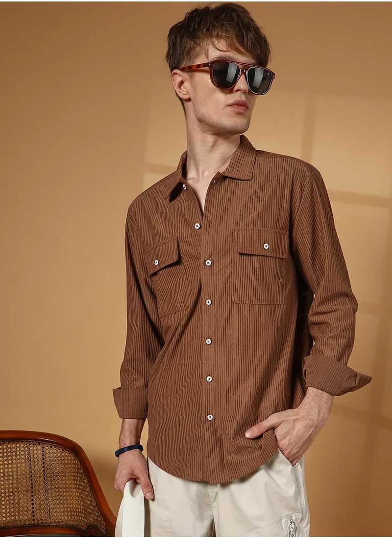 كامبوس سوترا Men's Tawny Brown Solid Ribbed Utility Shirt