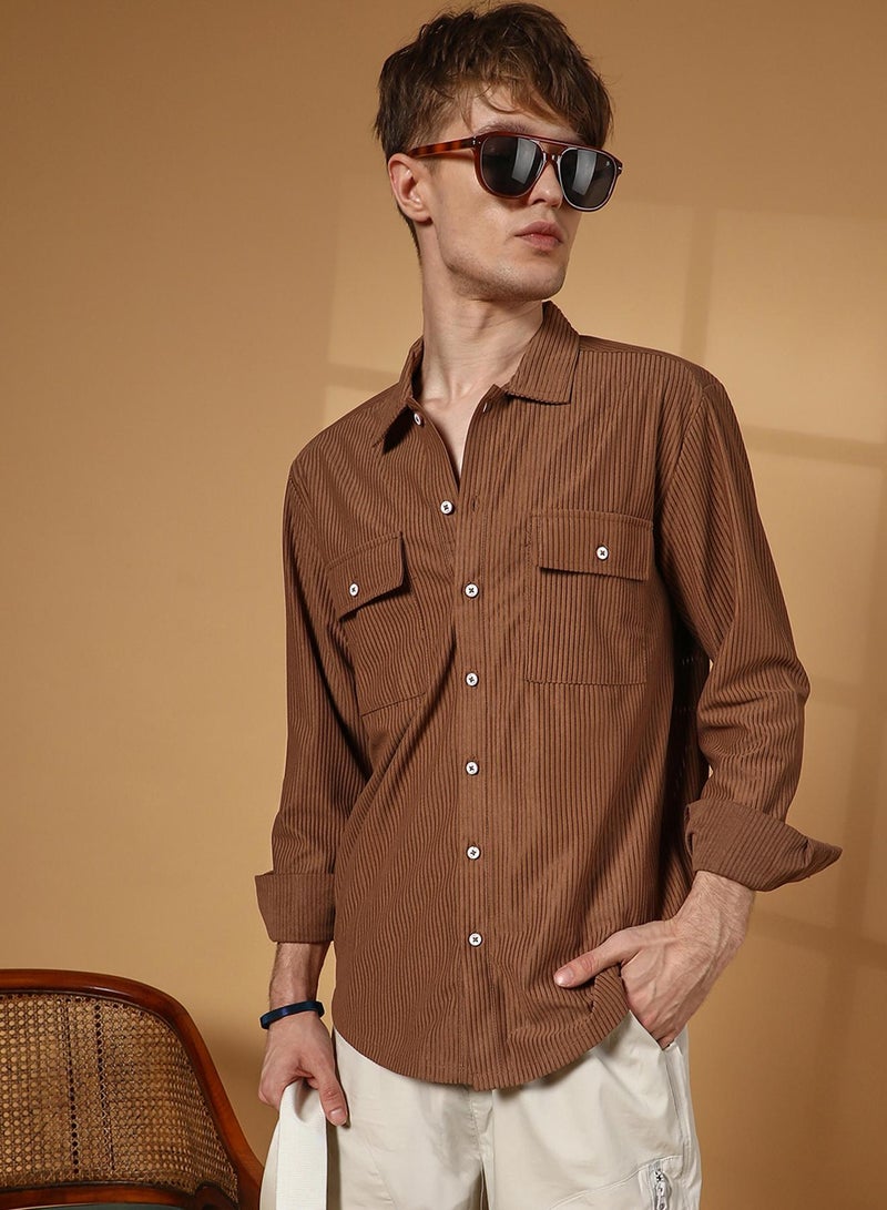 Campus Sutra Men's Tawny Brown Solid Ribbed Utility Shirt  - Image 1