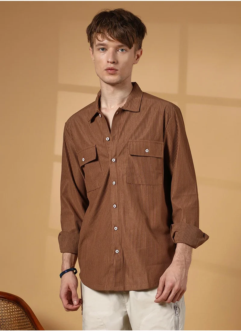 كامبوس سوترا Men's Tawny Brown Solid Ribbed Utility Shirt