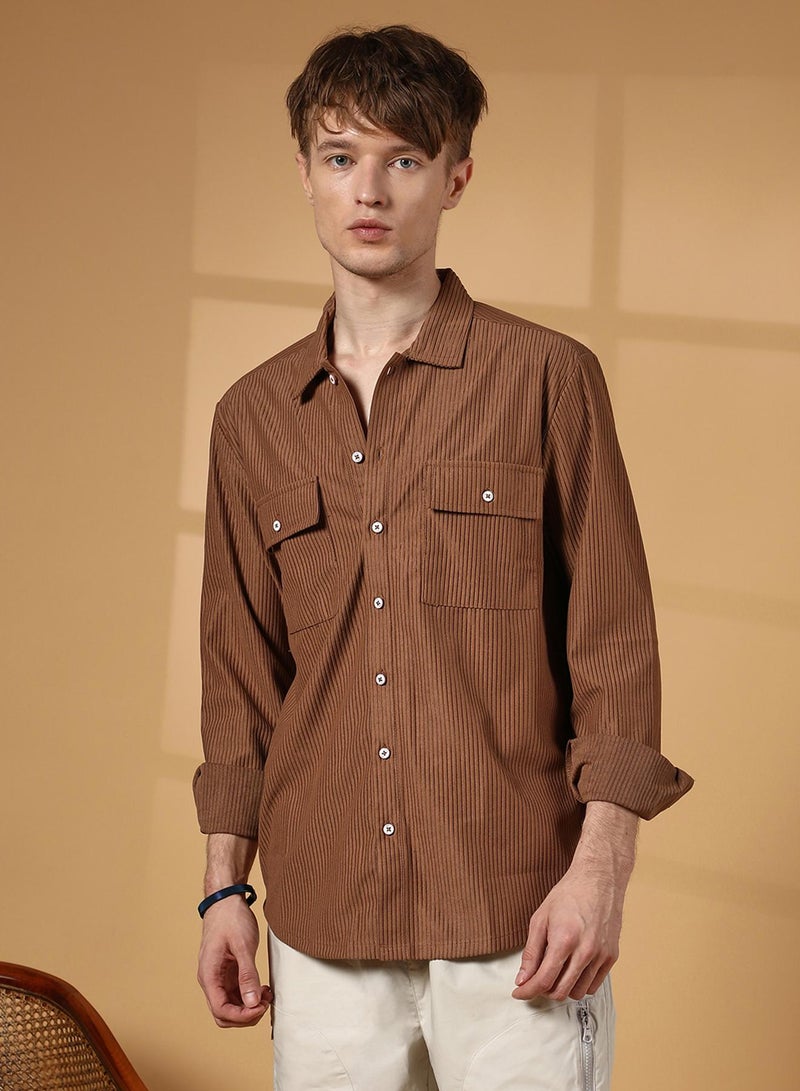 Campus Sutra Men's Tawny Brown Solid Ribbed Utility Shirt  - Image 2