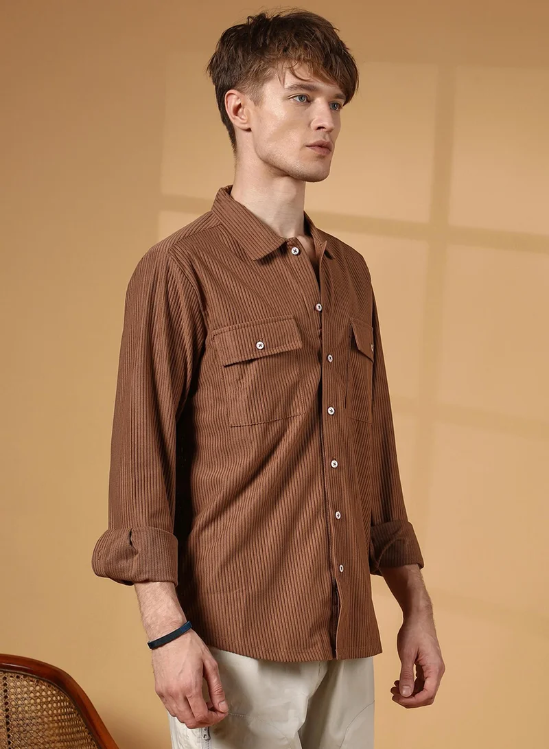 Campus Sutra Men's Tawny Brown Solid Ribbed Utility Shirt